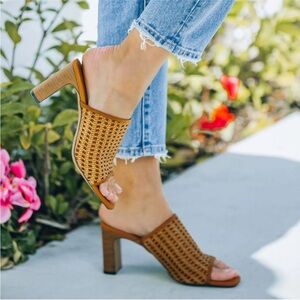 Vici Collection Tan and Brown Woven Mules with Block Heel
